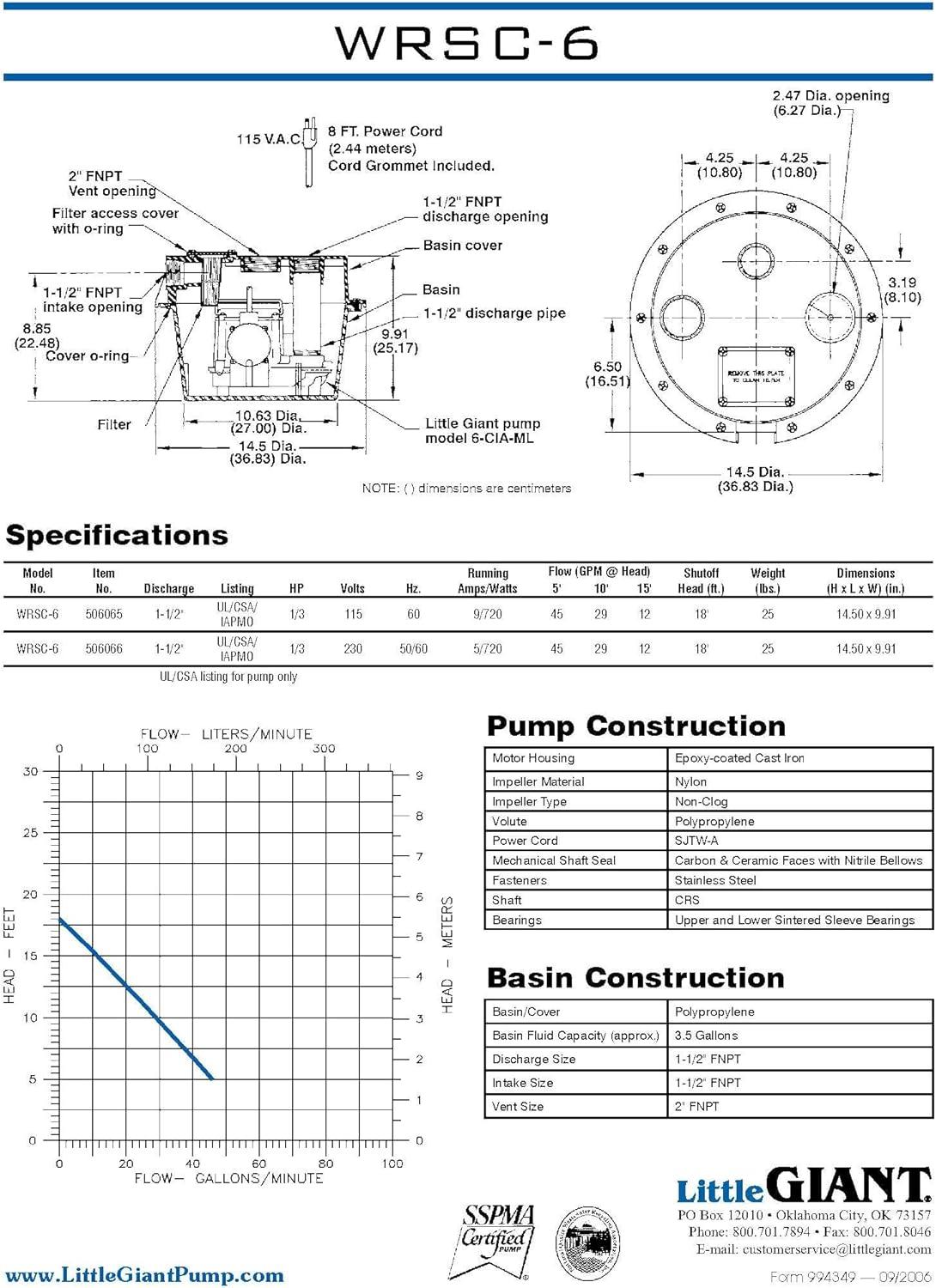 imageLittle Giant 506066 WRSC6 230 Volt 2700 GPH CastIron Sump Pump
