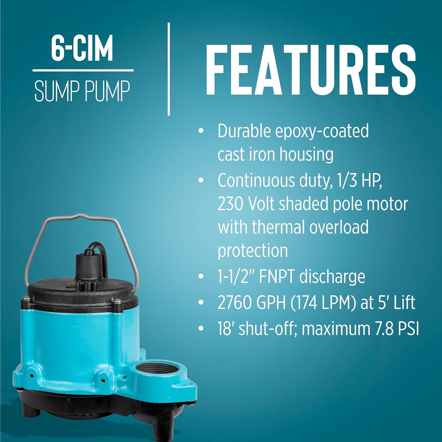 imageLittle Giant 6CIM 230 Volt 5060 Hz 13 HP 2760 GPH Cast Iron Manual No Switch Submersible Sump Pump for Sump Systems 12Ft Lead Wires Blue 506266