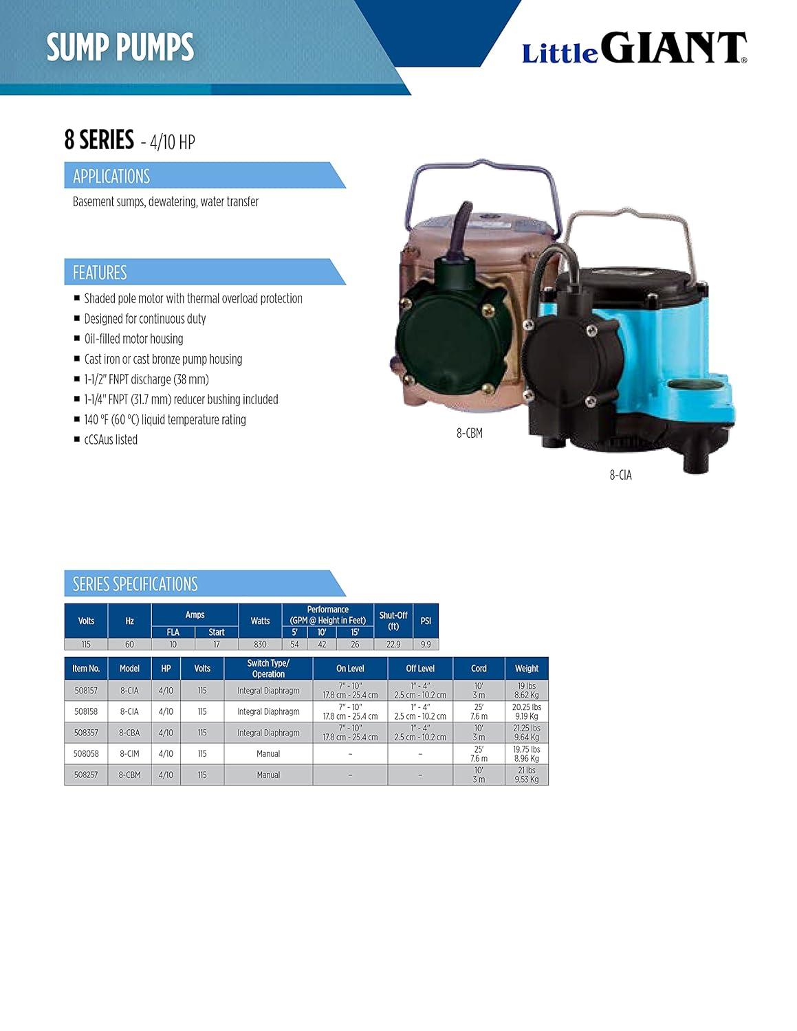 imageLittle Giant 8CBM 115 Volt 410 HP 3240 GPH Manual Bronze Submersible Sump Pump for Aggressive Water Conditions with 10Ft Cord Bronze 508257