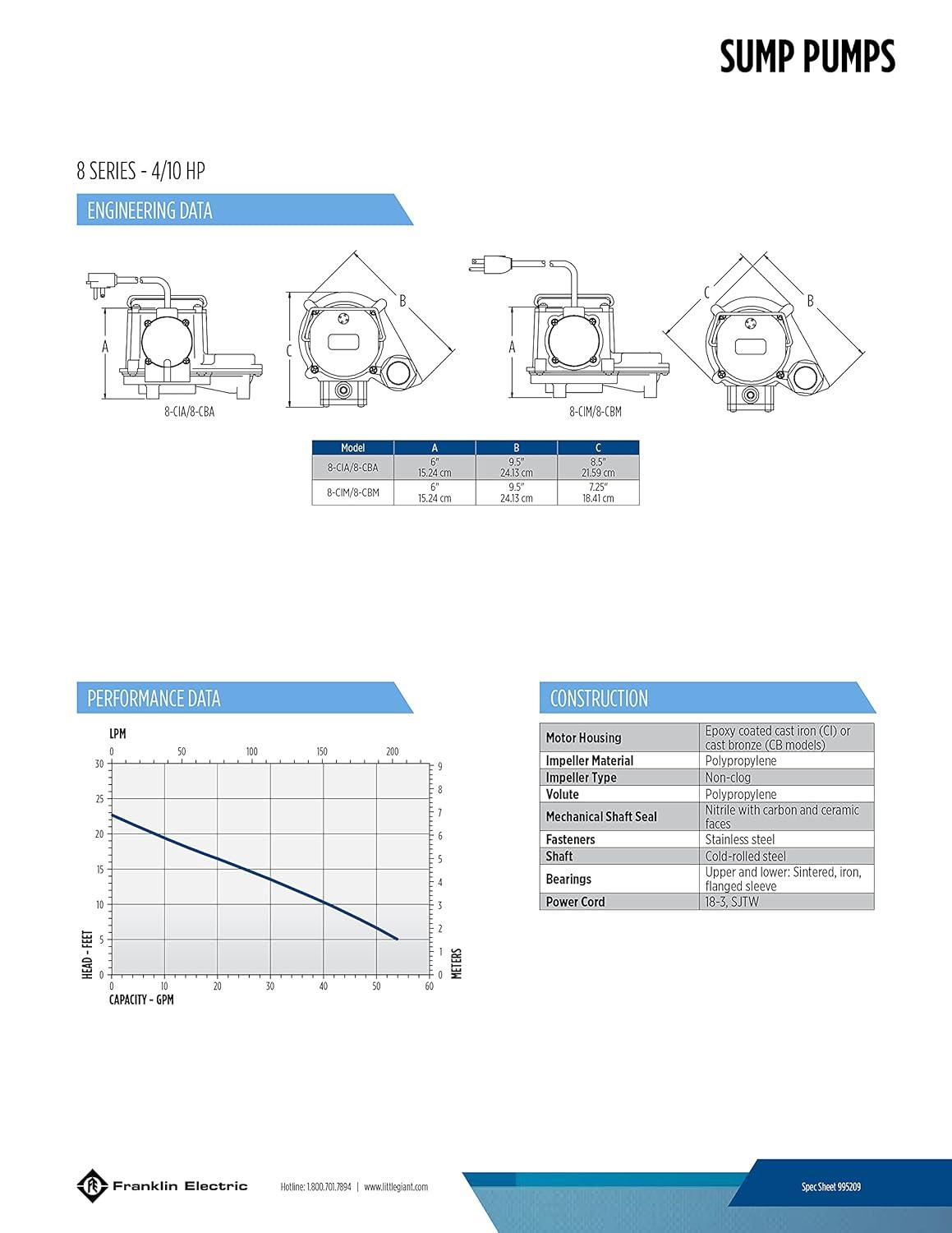 imageLittle Giant 8CBM 115 Volt 410 HP 3240 GPH Manual Bronze Submersible Sump Pump for Aggressive Water Conditions with 10Ft Cord Bronze 508257